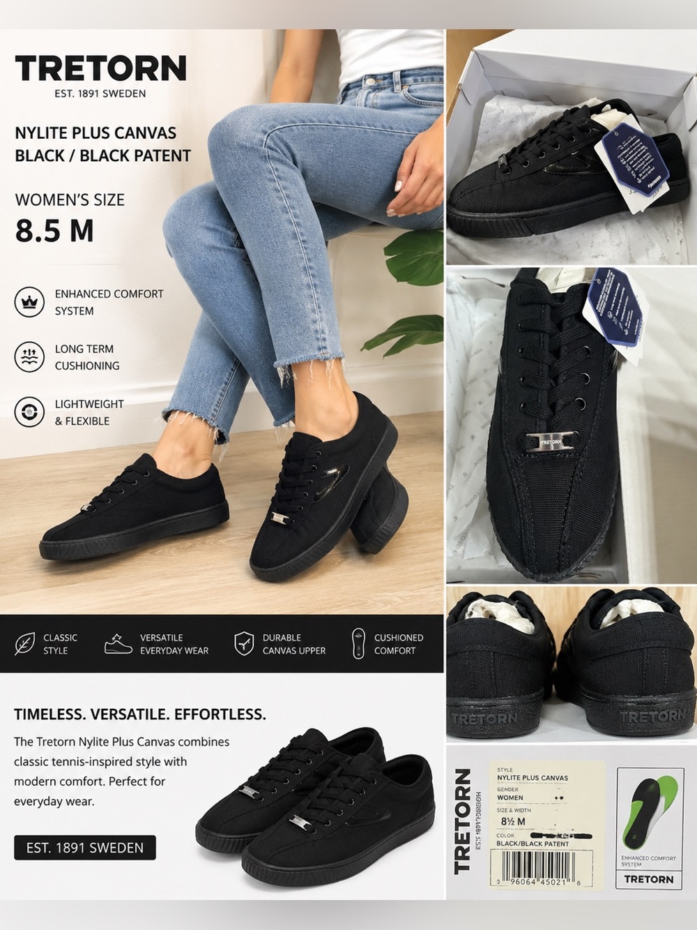 Tretorn Nylite Plus Canvas Women's Sneakers — Black NIB
